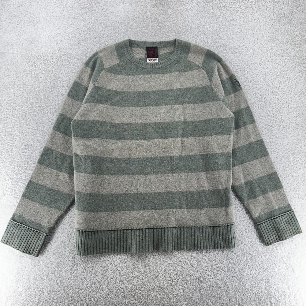 Spyder Wool Blend Striped Sweater Mens Large Gray Green Pullover Outdoors Logo